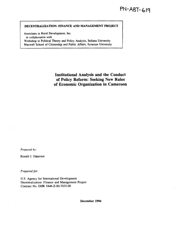 Institutional analysis and the conduct of policy reform : seeking new rules of economic organization in Cameroon