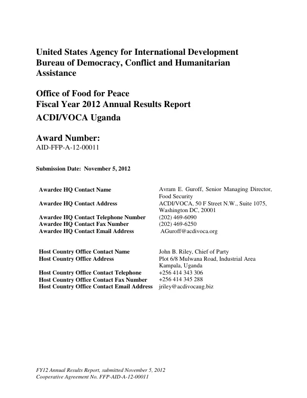 Resiliency through Wealth, Nutrition and Agriculture (RWANU) Fiscal Year 2012 Annual Results Report