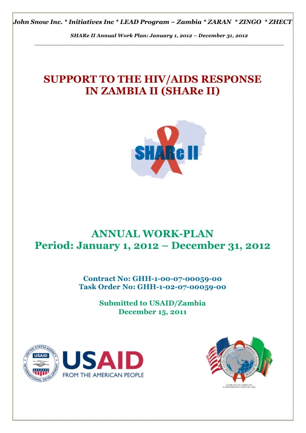 Support to the HIV/AIDS Response in Zambia II (SHARe II) Project: Annual Workplan, FY 2012; January 2012 - December 2013