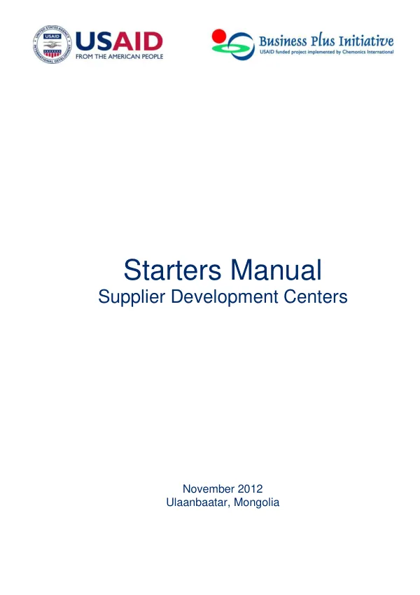 Mongolia Business Plus Initiative: Starters Manual, Supplier Development Centeres