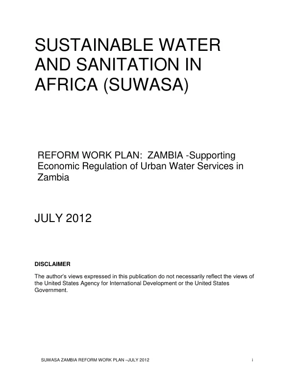 Sustainable Water and Sanitation In Africa (SUWASA); REFORM WORK PLAN: ZAMBIA -Supporting Economic Regulation of Urban Water Services in Zambia
