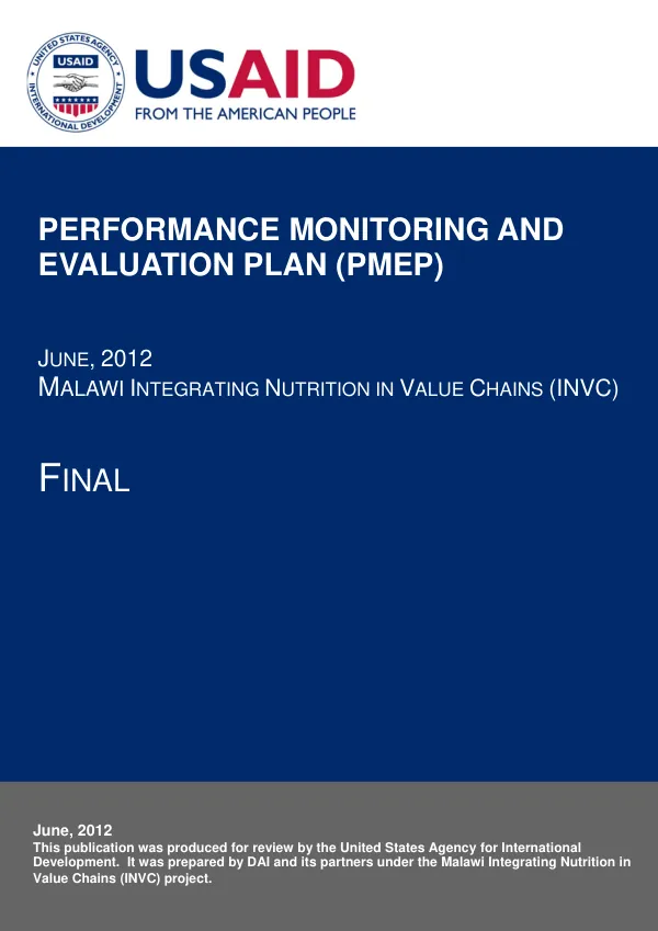 Performance Monitoring and Evaluation Plan (PMEP) Malawi Integrating Nutrition in Value Chains (INVC)
