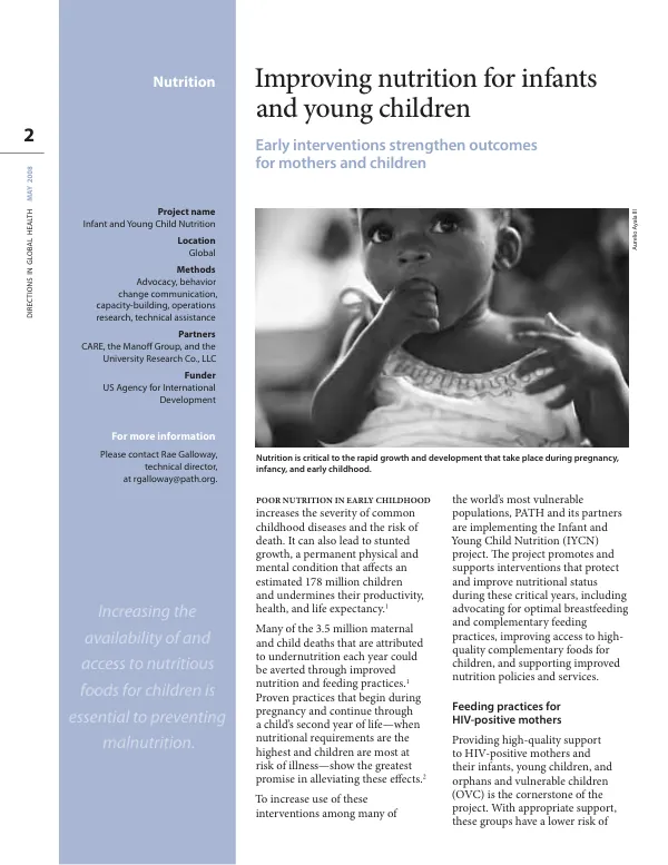 Improving nutrition for infants and young children : early interventions strengthen outcomes for mothers and children