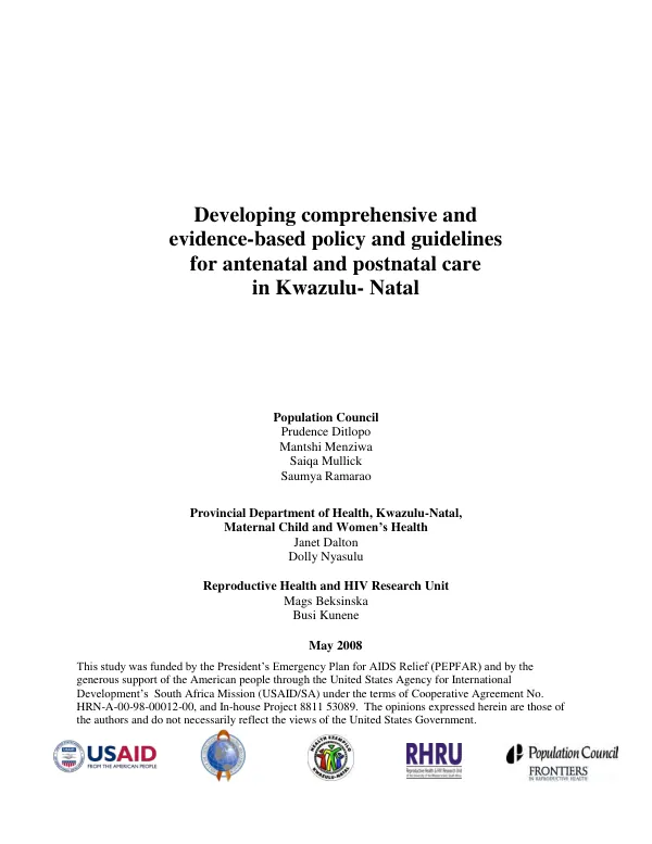 Developing comprehensive and evidence-based policy and guidelines for antenatal and postnatal care in Kwazulu-Natal