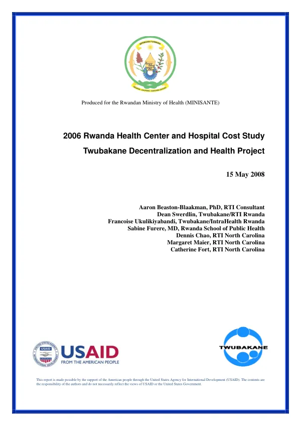 2006 Rwanda health center and hospital cost study