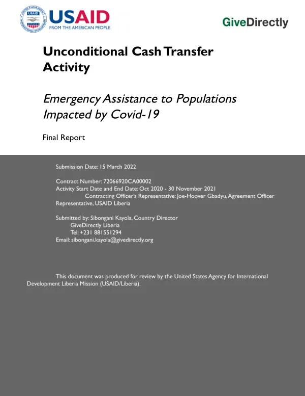 Unconditional cash transfer activity : emergency assistance to populations : final report : impacted by COVID-19