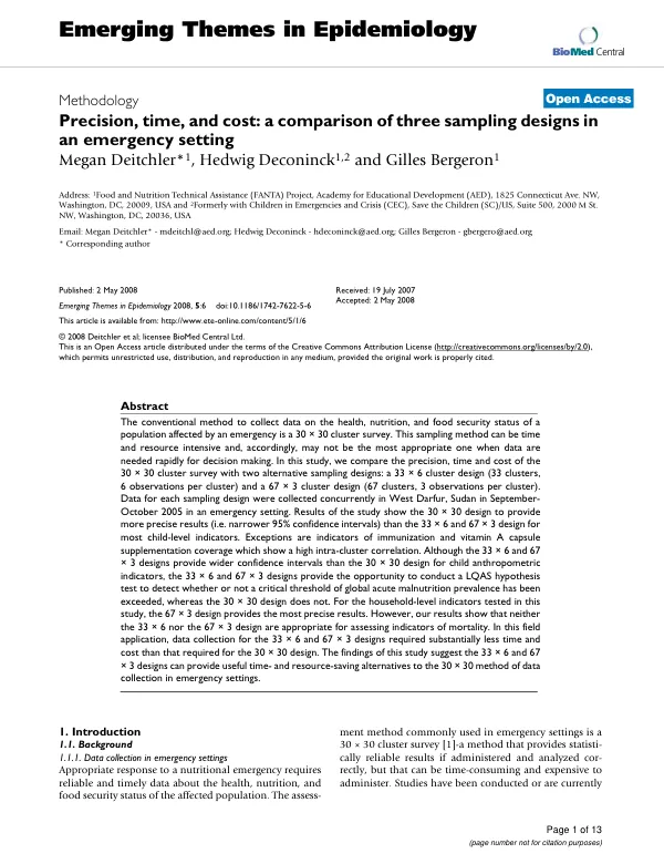 Methodology : precision, time, and cost -- a comparison of three sampling designs in an emergency setting