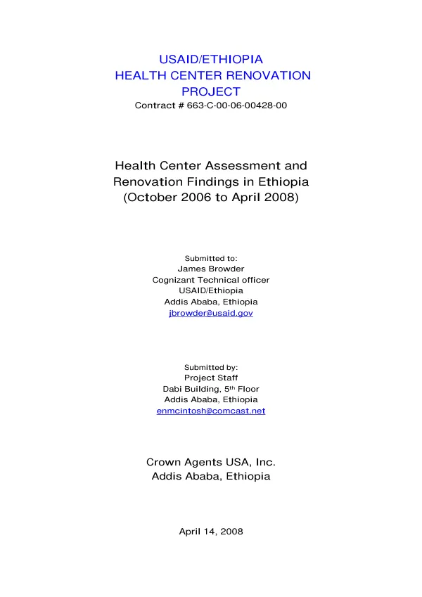 Health center assessment and renovation findings in Ethiopia (October 2006 to April 2008)