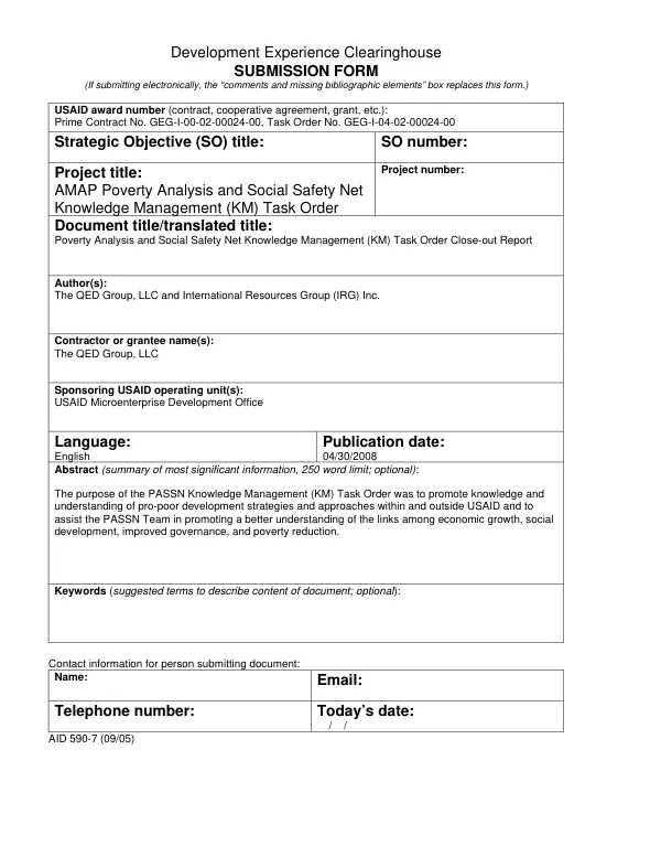 Poverty analysis and social safety net, knowledge management (KM) task order : final report