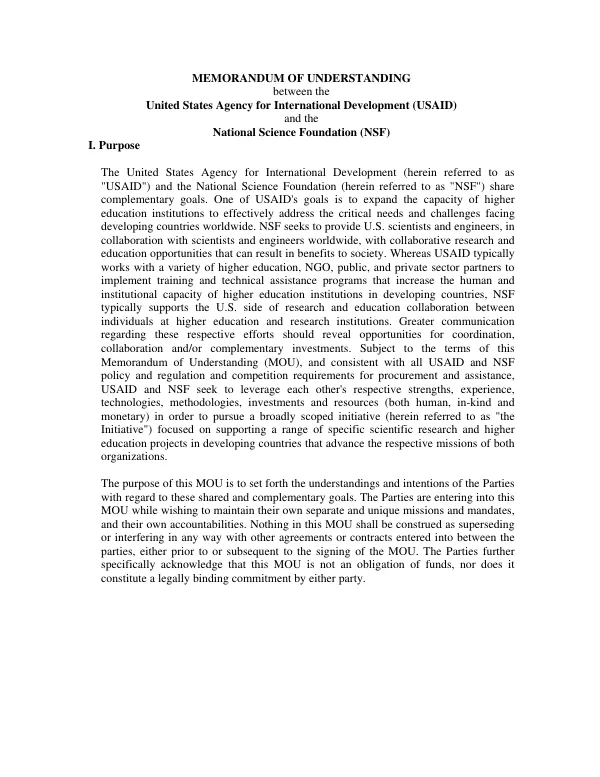 Memorandum of understanding between the United States Agency for International Development (USAID) and the National Science Foundation (NSF)