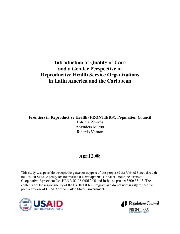 Introduction of quality of care and a gender perspective in reproductive health service organizations in Latin America and the Caribbean