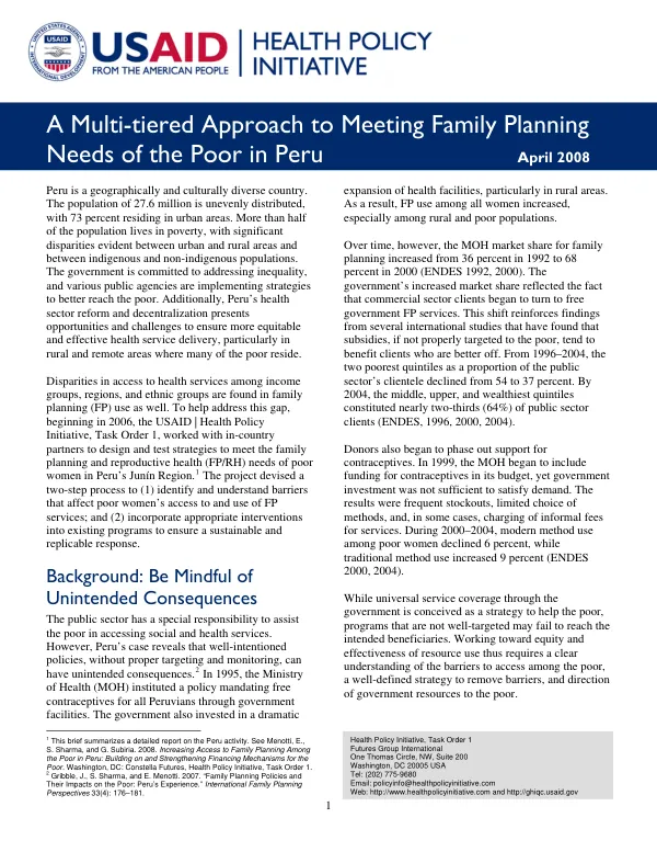 A multi-tiered approach to meeting family planning needs of the poor in Peru