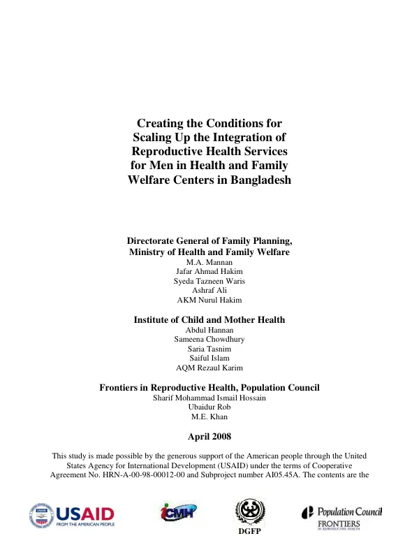 Creating the conditions for scaling up the integration of reproductive health services for men in health and family welfare centers in Bangladesh