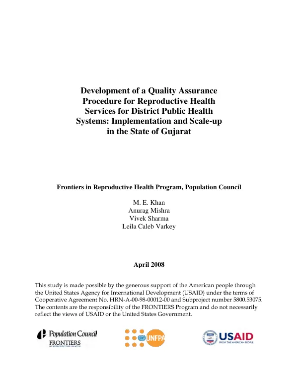 Development of a quality assurance procedure for reproductive health services for district public health systems : implementation and scale-up in the State of Gujarat