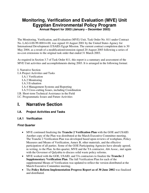 Monitoring, verification and evaluation (MVE) unit, Egyptian environmental policy program : annual report 2003 (January 1-December 31, 2003)