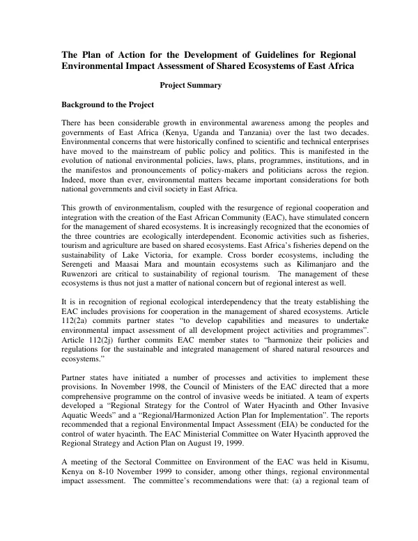 The plan of action for the development of guidelines for regional environmental impact assessment of shared ecosystems of East Africa : project summary