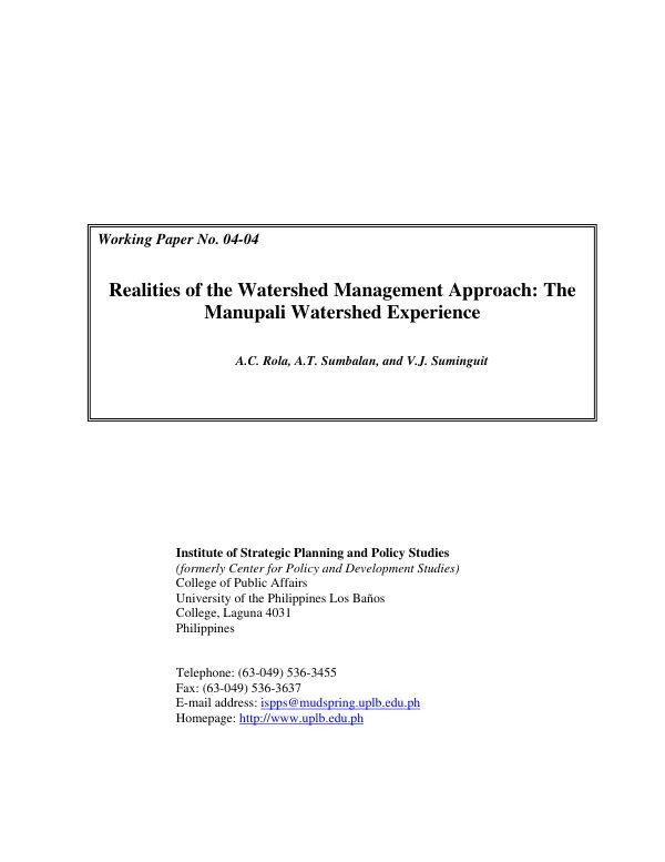 Realities of the watershed management approach : the Manupali watershed experience (draft report)
