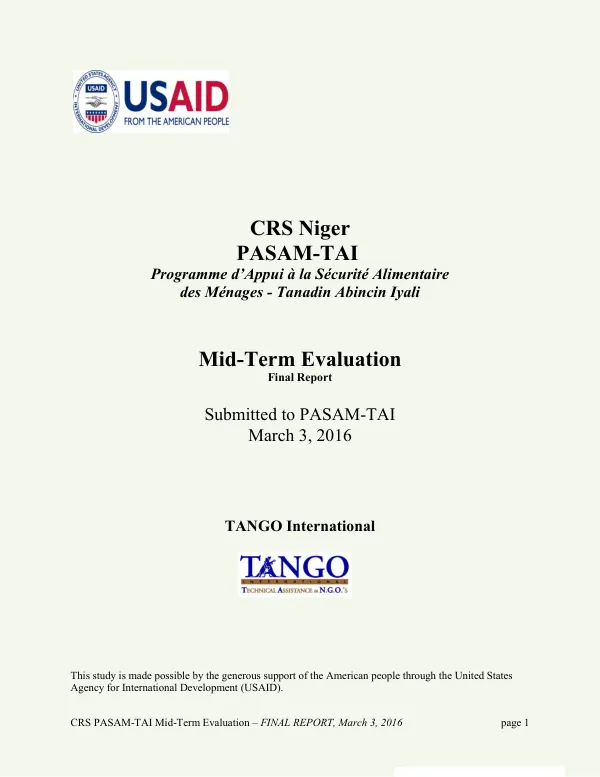 CRS Niger PASAM-TAI, programme d'appui a la securite alimentaire des menages - Tanadin Abincin Iyali : mid-term evaluation report