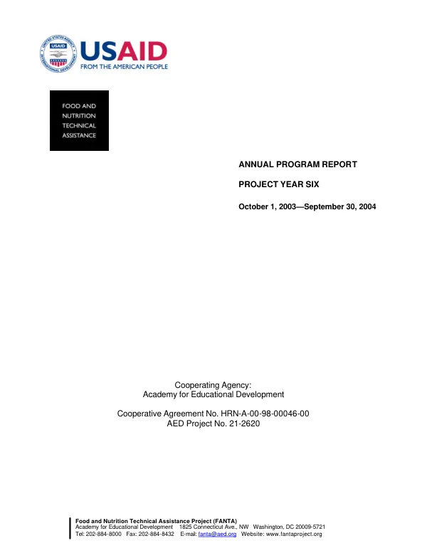 Food and nutrition technical assistance : annual program report, project year six, October 1, 2003-September 30, 2004