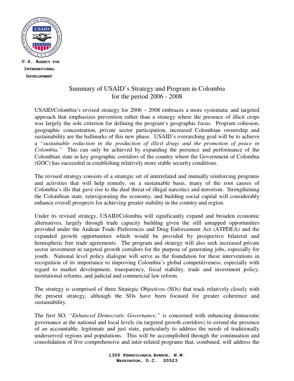 Summary of USAID"s strategy and program in Colombia for the period 2006-2008