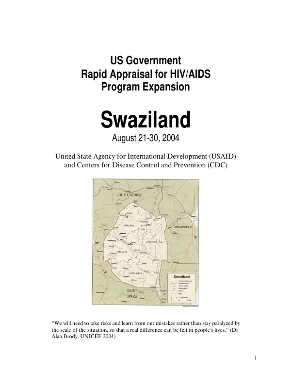 US Government rapid appraisal for HIV/AIDS program expansion : Swaziland, August 21-30, 2004