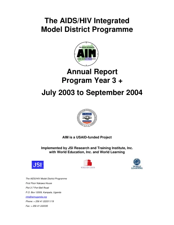 AIDS/HIV integrated model district programme [AIM] : annual report, program year 3+ -- July 2003 to September 2004