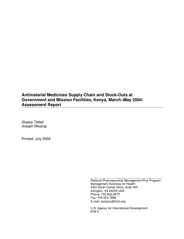Antimalarial medicines supply chain and stock-outs at government and mission facilities, Kenya, March-May 2004 : assessment report