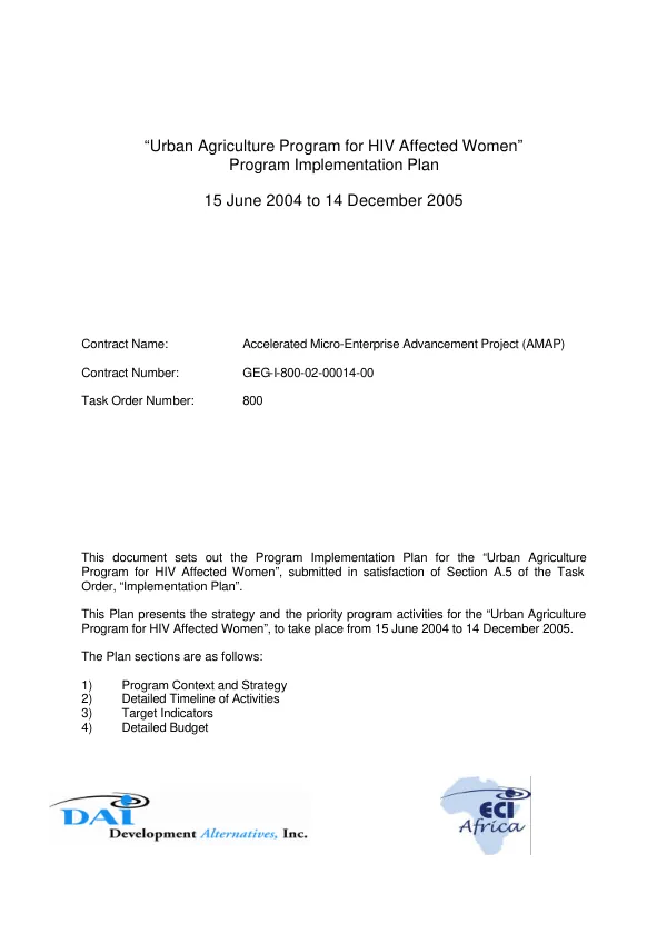 Urban agriculture program for HIV affected women : program implementation plan -- 15 June 2004 to 14 December 2005