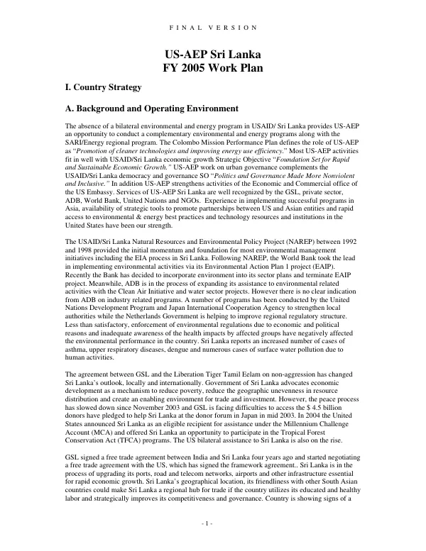 US-AEP Sri Lanka FY 2005 work plan : final version
