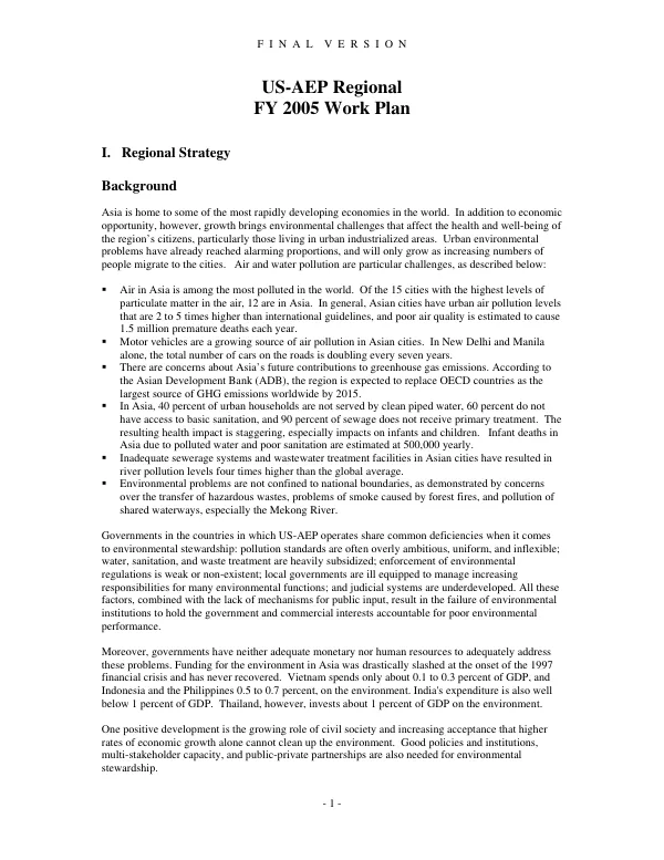 US-AEP Regional FY 2005 work plan : final version
