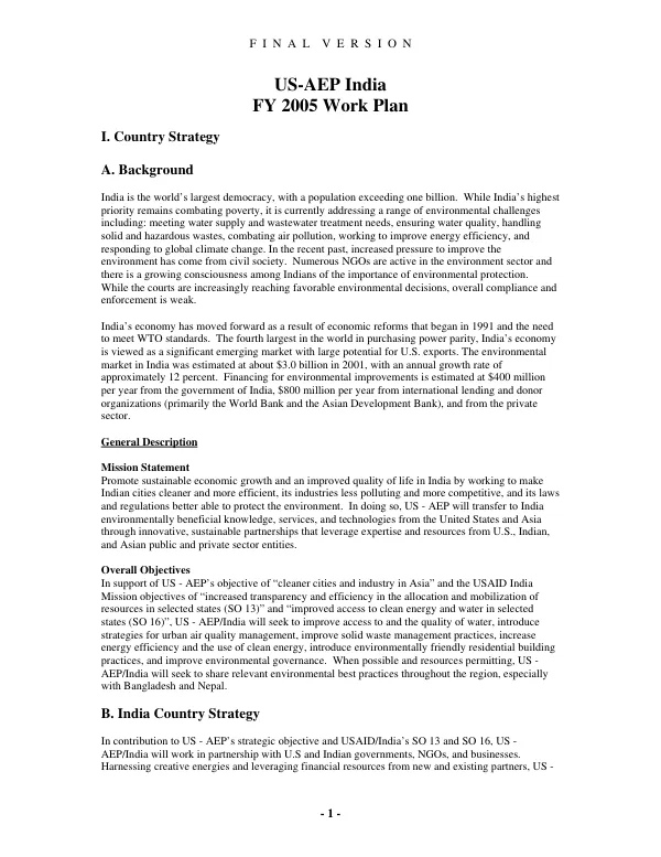 US-AEP India FY 2005 work plan : final version