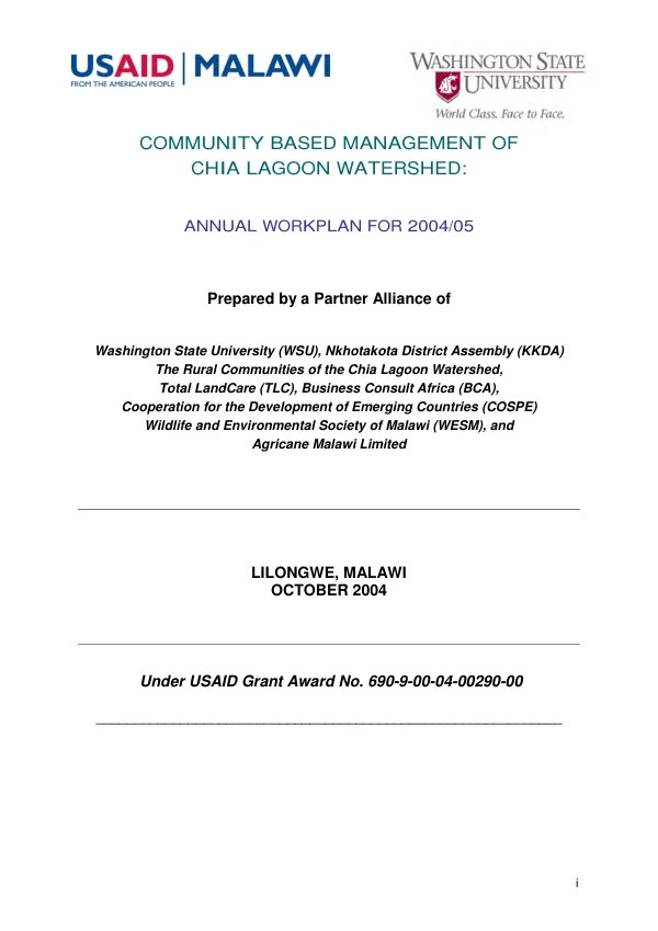 Community based management of Chia Lagoon watershed : annual workplan for 2004/05