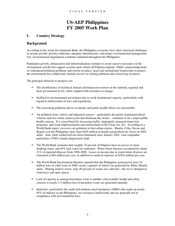 US-AEP Philippines FY 2005 work plan
