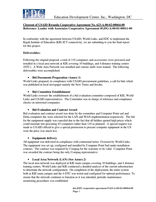 Closeout of USAID Rwanda cooperative agreement no. 623-A-00-02-00064-00 [Kigali Institute of Education (KIE) ICT connectivity]