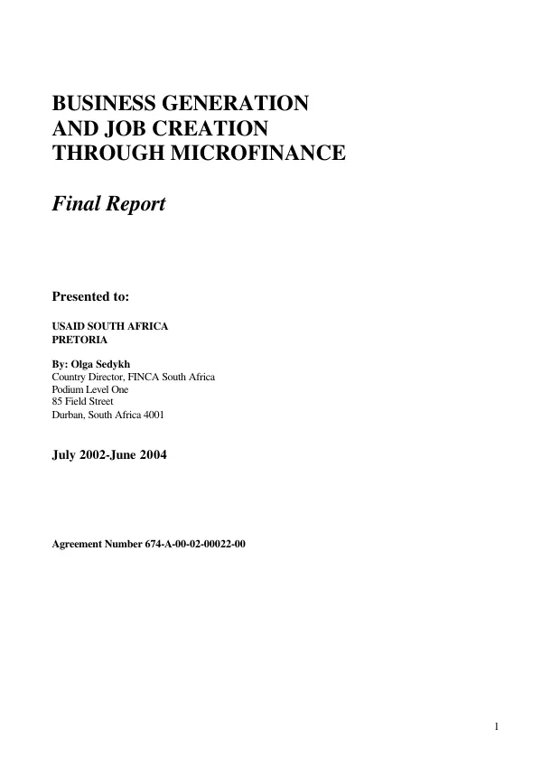 Business generation and job creation through microfinance : final report