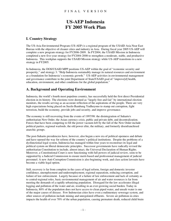 US-AEP Indonesia FY 2005 work plan