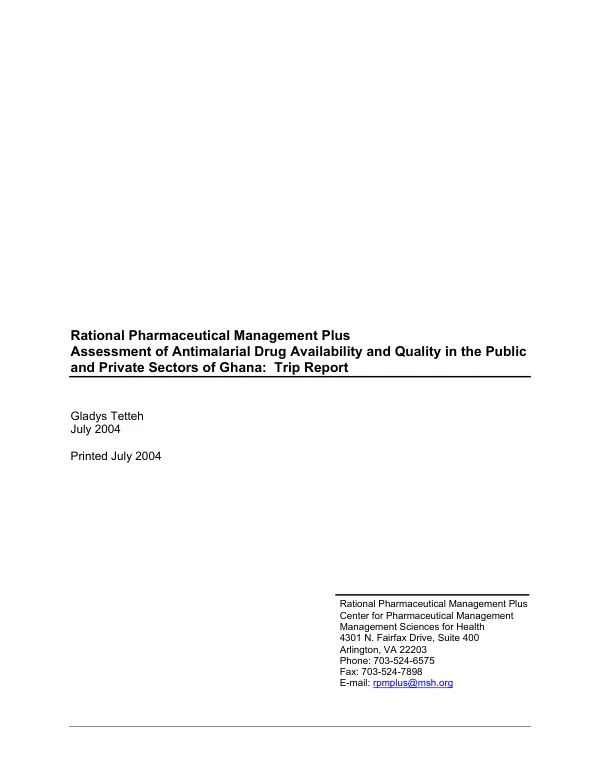 Assessment of antimalarial drug availability and quality in the public and private sectors of Ghana : trip report