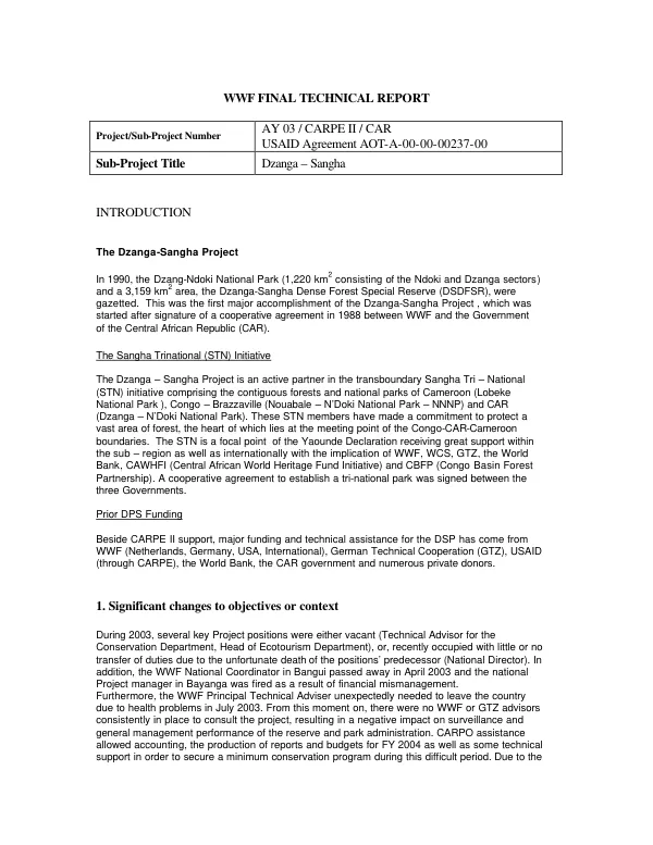 WWF final technical report : AY 03 CARPE II/CAR -- USAID agreement AOT-A-00-00-00237-00 : Dzanga-Sangha