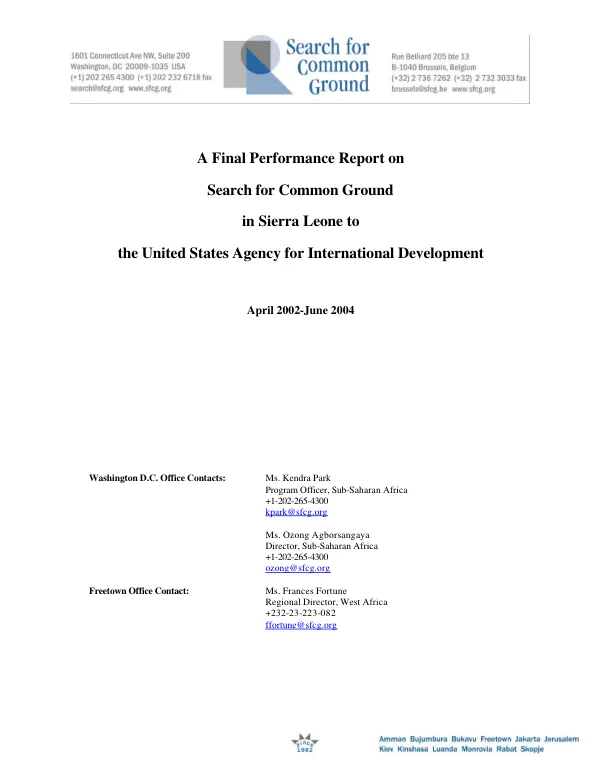 Final performance report on Search for Common Ground in Sierra Leone to the United States Agency for International Development : April 2002-June 2004