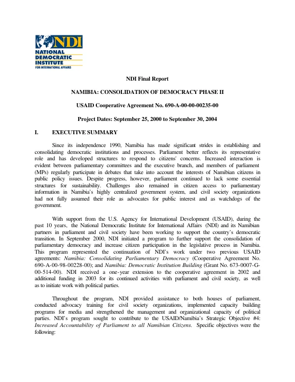 NDI [National Democratic Institute for International Affairs (NDI) final report : Namibia -- consolidation of democracy phase II