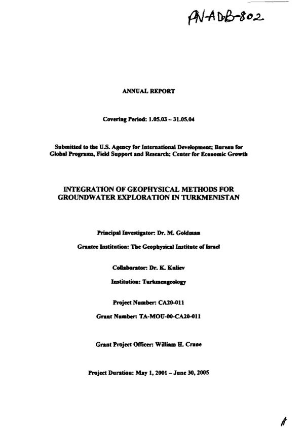 Annual report covering period 1.05.03-31.05.04 : integration of geophysical methods for groundwater exploration in Turkmenistan