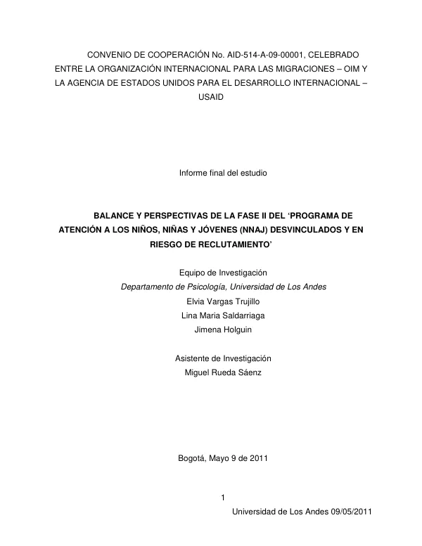 Balance y perspectivas de la fase II del "Programa de atencion a los ninos, niñas y jovenes (NNAJ) desvinculados y en riesgo de reclutamiento"