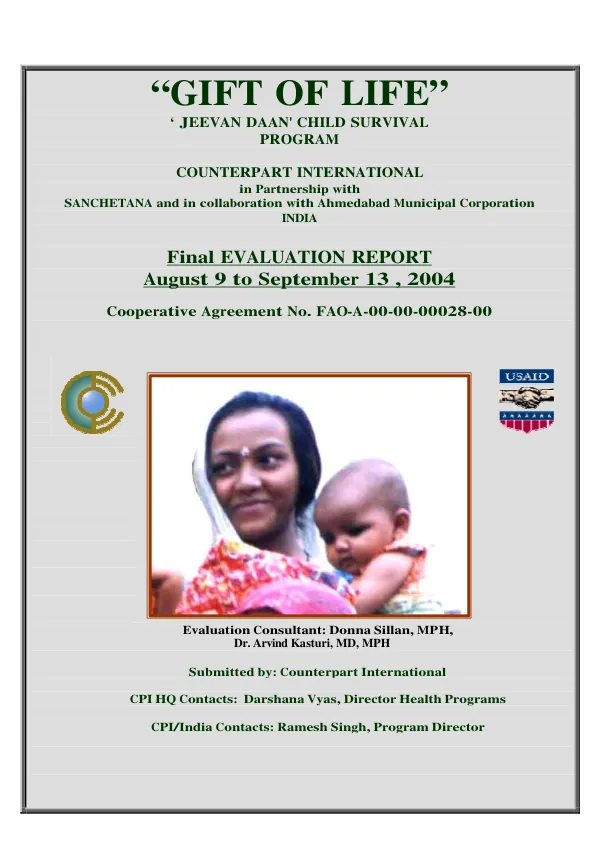 "Gift of Life" (Jeevan Daan) child survival program : final evaluation report, August 9 to September 13, 2004