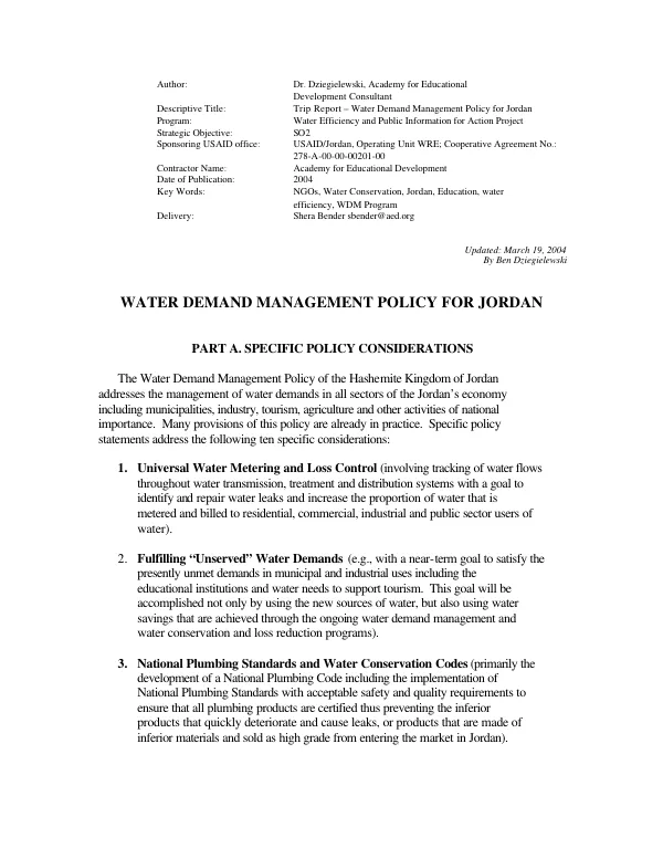 Water demand management prolicy for Jordan