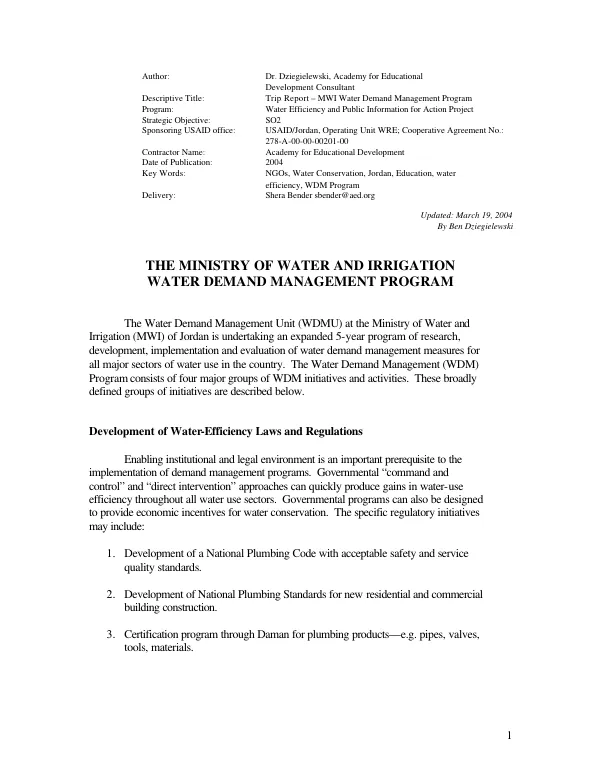 [Jordan,] Ministry of Water and Irrigation water demand management program