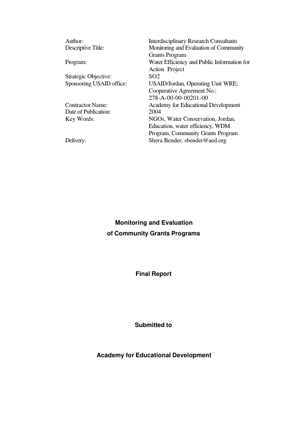 Monitoring and evaluation of community grants programs : final report