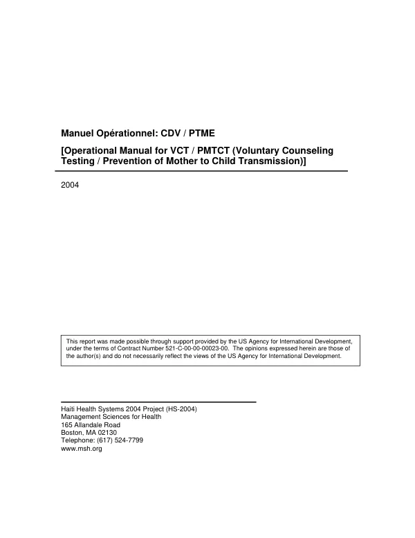 Manuel operationnel : CDV/PTME = Operations manual for VCT/PMTCT (volunatry counseling testing/prevention of mother to child transmission