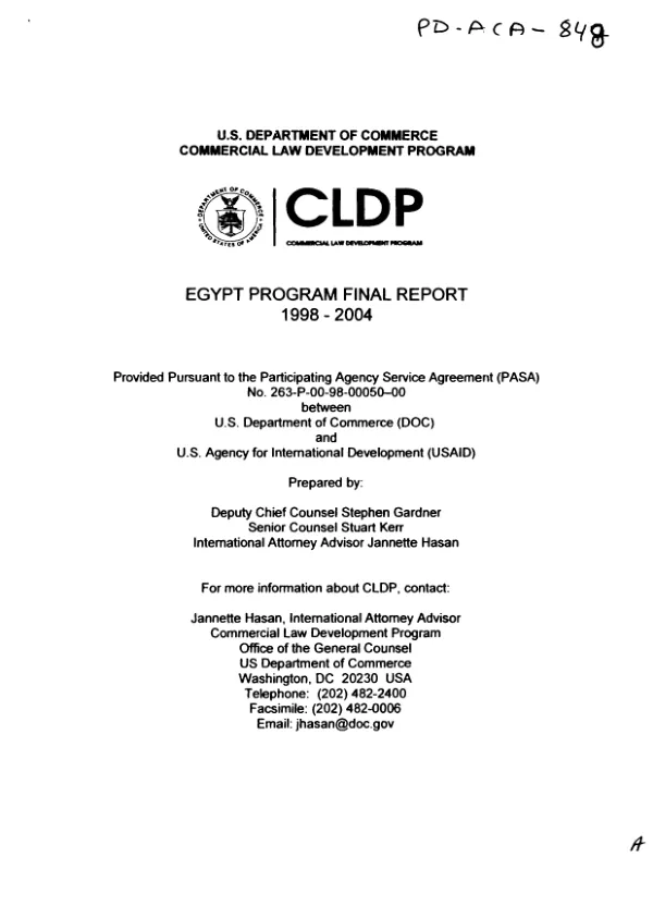 U.S. Department of Commerce commercial law development program (CLDP) : Egypt program final report, 1998-2004
