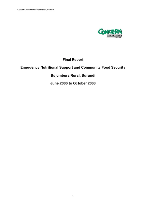 Final report : emergency nutritional support and community food security -- Bujumbura Rural, Burundi : June 2000 to October 2003