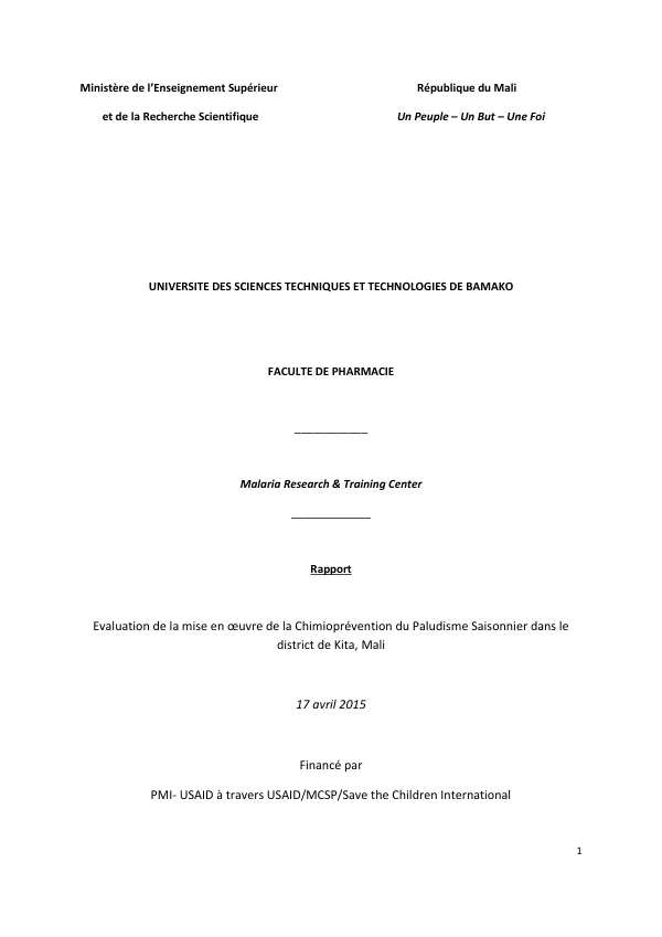 Evaluation de la mise en oeuvre de la chimioprevention du paludisme saisonnier dans le district de Kita, Mali